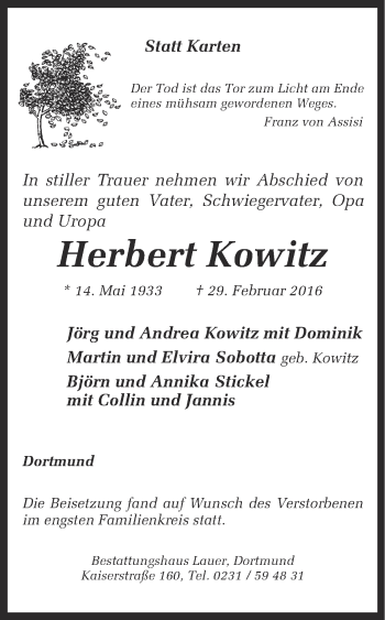 Traueranzeige von Herbert Kowitz von Ruhr Nachrichten
