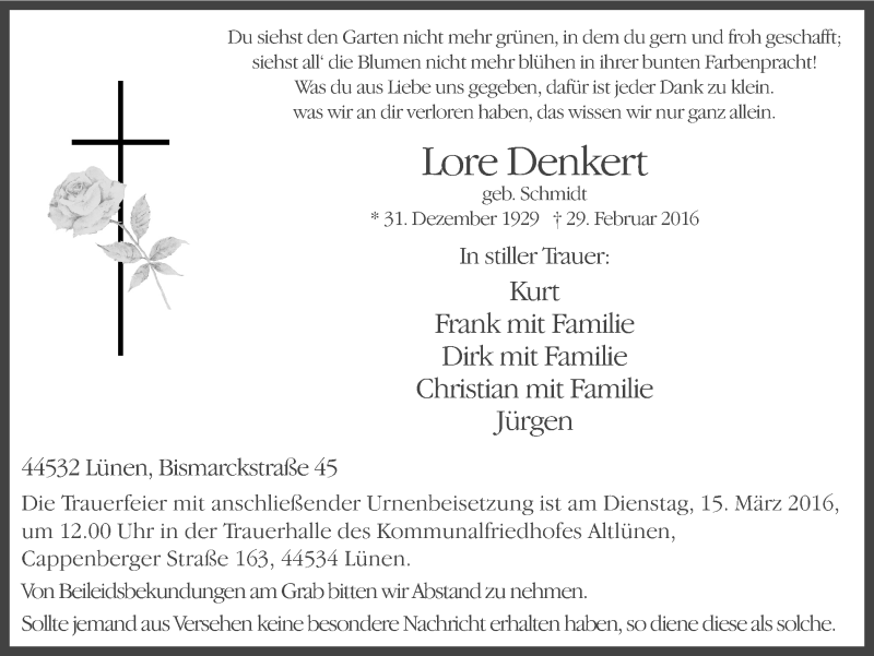  Traueranzeige für Lore Denkert vom 09.03.2016 aus Ruhr Nachrichten
