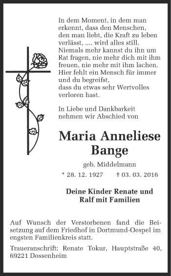 Traueranzeige von Maria Anneliese Bange von Ruhr Nachrichten