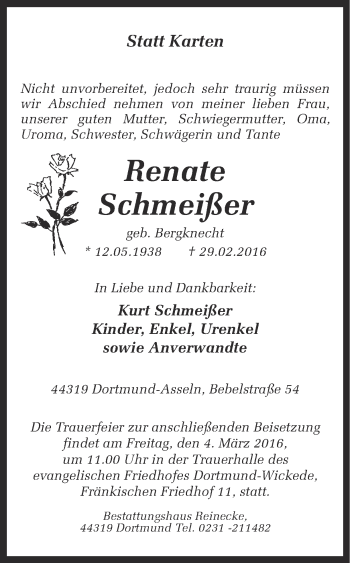 Traueranzeige von Renate Schmeißer von Ruhr Nachrichten