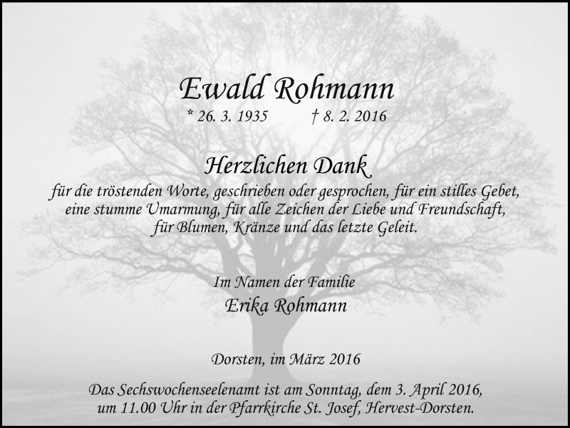  Traueranzeige für Ewald Rohmann vom 30.03.2016 aus Ruhr Nachrichten und Dorstener Zeitung