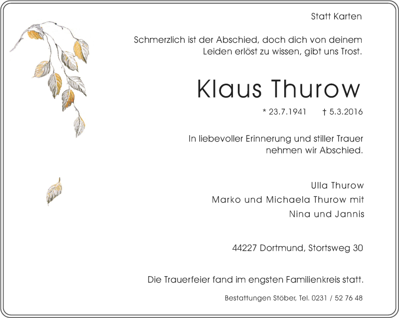  Traueranzeige für Klaus Thurow vom 12.03.2016 aus Ruhr Nachrichten