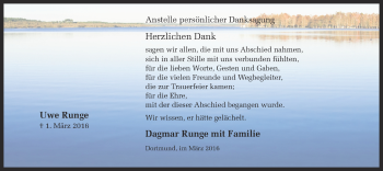 Traueranzeige von Uwe Runge von Ruhr Nachrichten
