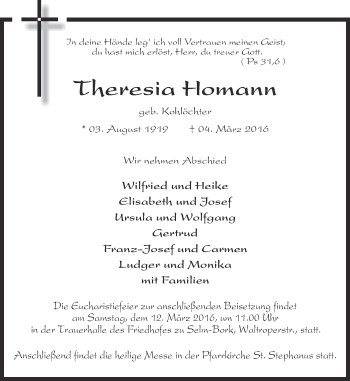 Traueranzeige von Theresia Homann von Ruhr Nachrichten