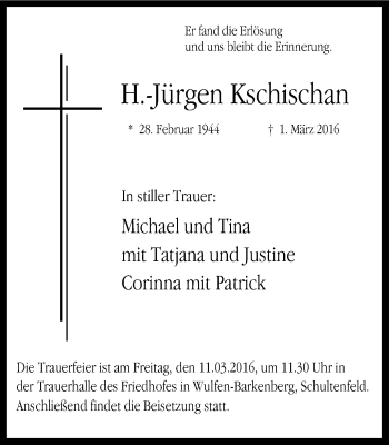 Traueranzeige von H.-Jürgen Kschischan von Ruhr Nachrichten und Dorstener Zeitung