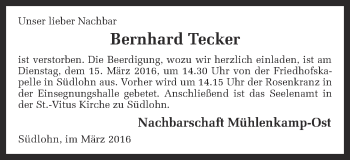 Traueranzeige von Bernhard Tecker von Münstersche Zeitung und Münsterland Zeitung