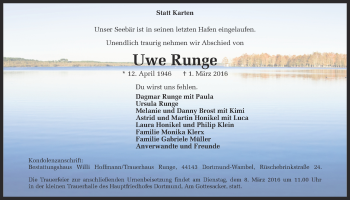 Traueranzeige von Uwe Runge von Ruhr Nachrichten