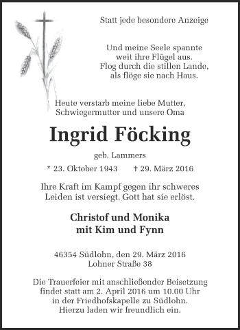 Traueranzeige von Ingrid Föcking von Münstersche Zeitung und Münsterland Zeitung