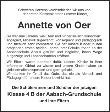 Traueranzeige von Annette von Oer von Münstersche Zeitung und Münsterland Zeitung