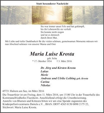 Traueranzeige von Marie Luise Krosta von Ruhr Nachrichten und Halterner Zeitung