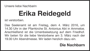 Traueranzeige von Erika Reidegeld von Münstersche Zeitung und Münsterland Zeitung
