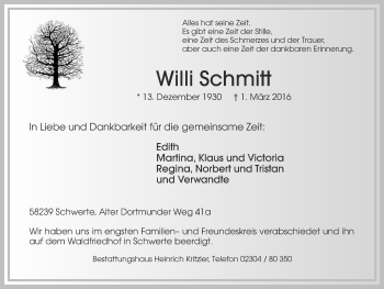 Traueranzeige von Willi Schmitt von Ruhr Nachrichten