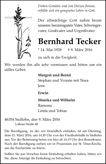 Traueranzeige von Bernhard Tecker von Münstersche Zeitung und Münsterland Zeitung