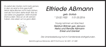 Traueranzeige von Elfriede Aßmann von Ruhr Nachrichten