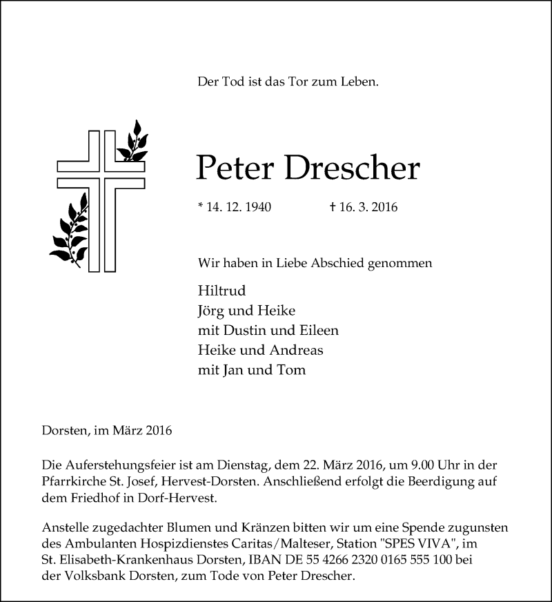  Traueranzeige für Peter Drescher vom 19.03.2016 aus Ruhr Nachrichten und Dorstener Zeitung