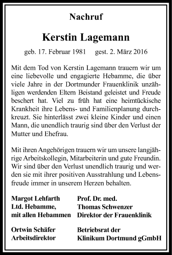 Traueranzeige von Kerstin Lagemann von Ruhr Nachrichten