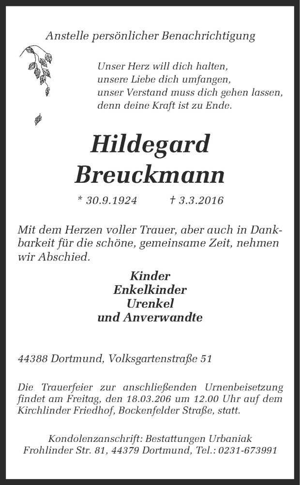  Traueranzeige für Hildegard Breuckmann vom 12.03.2016 aus Ruhr Nachrichten