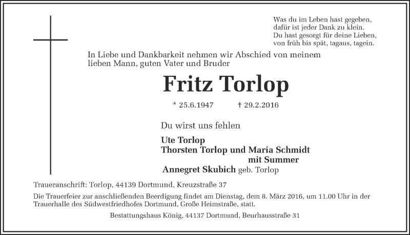  Traueranzeige für Fritz Torlop vom 03.03.2016 aus Ruhr Nachrichten