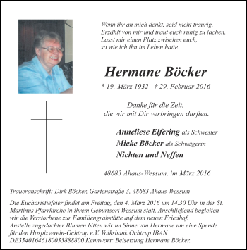 Traueranzeige von Hermane Böcker von Münstersche Zeitung und Münsterland Zeitung