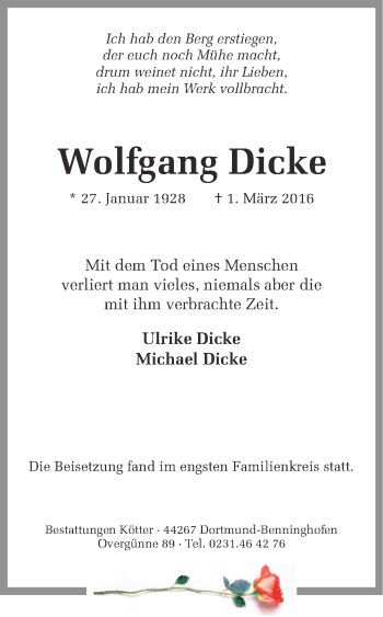 Traueranzeige von Wolfgang Dicke von Ruhr Nachrichten