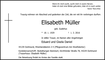Traueranzeige von Elisabeth Müller von Ruhr Nachrichten