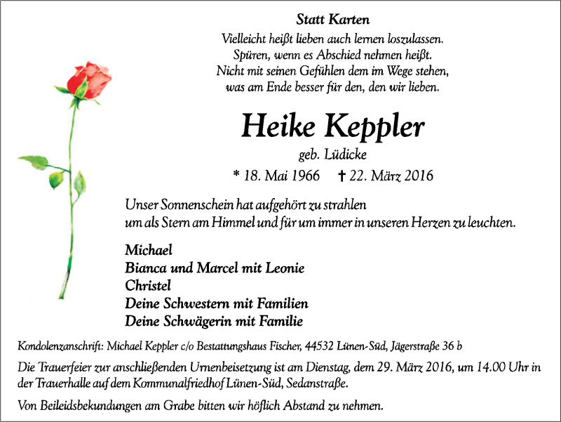  Traueranzeige für Heike Keppler vom 26.03.2016 aus Ruhr Nachrichten