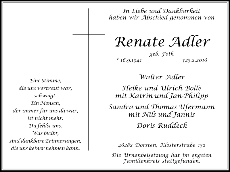  Traueranzeige für Renate Adler vom 08.03.2016 aus Ruhr Nachrichten und Dorstener Zeitung