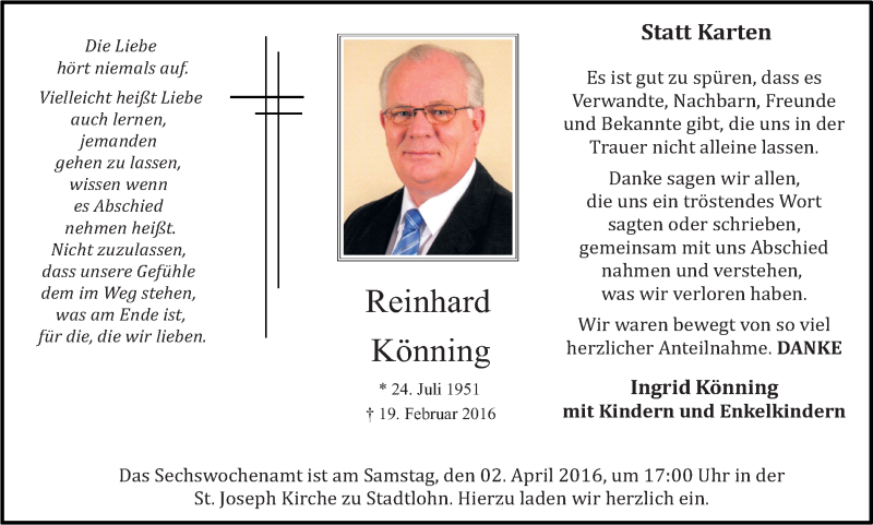  Traueranzeige für Reinhard Könning vom 30.03.2016 aus Münstersche Zeitung und Münsterland Zeitung