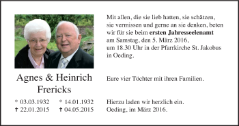 Traueranzeige von Agnes und Heinrich Frericks von Münstersche Zeitung und Münsterland Zeitung