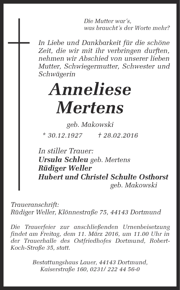  Traueranzeige für Anneliese Mertens vom 09.03.2016 aus Ruhr Nachrichten