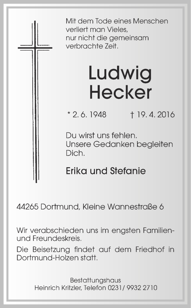  Traueranzeige für Ludwig Hecker vom 23.04.2016 aus Ruhr Nachrichten