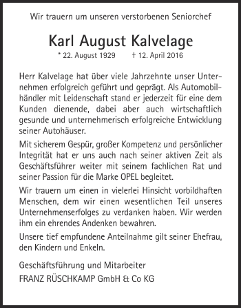 Traueranzeige von Karl August Kalvelage von Ruhr Nachrichten