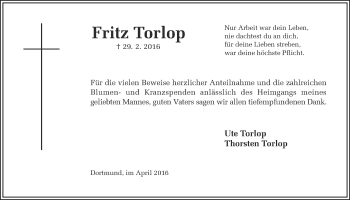 Traueranzeige von Fritz Torlop von Ruhr Nachrichten