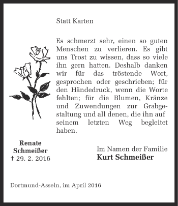 Traueranzeige von Renate Schmeißer von Ruhr Nachrichten