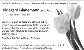 Traueranzeige von Hildegard Glanemann 