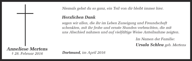  Traueranzeige für Anneliese Mertens vom 02.04.2016 aus Ruhr Nachrichten