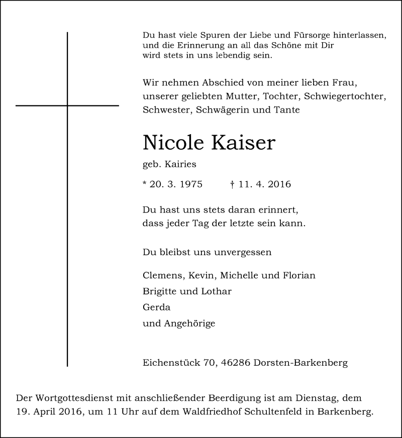  Traueranzeige für Nicole Kaiser vom 15.04.2016 aus Ruhr Nachrichten und Dorstener Zeitung