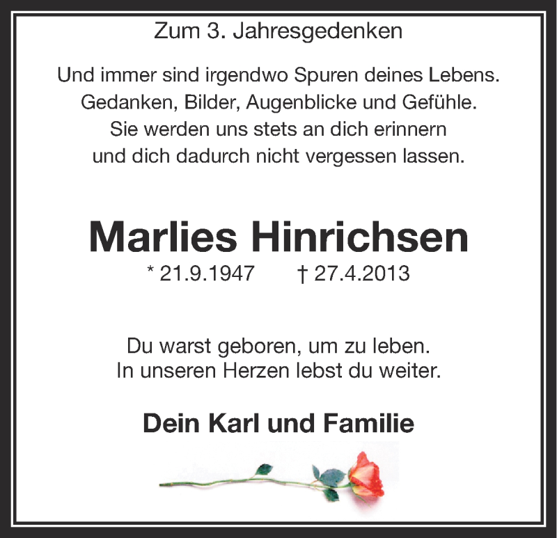 Traueranzeige für Marlies Hinrichsen vom 27.04.2016 aus Ruhr Nachrichten