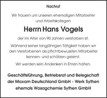 Traueranzeige von Hans Vogels von Ruhr Nachrichten und Halterner Zeitung