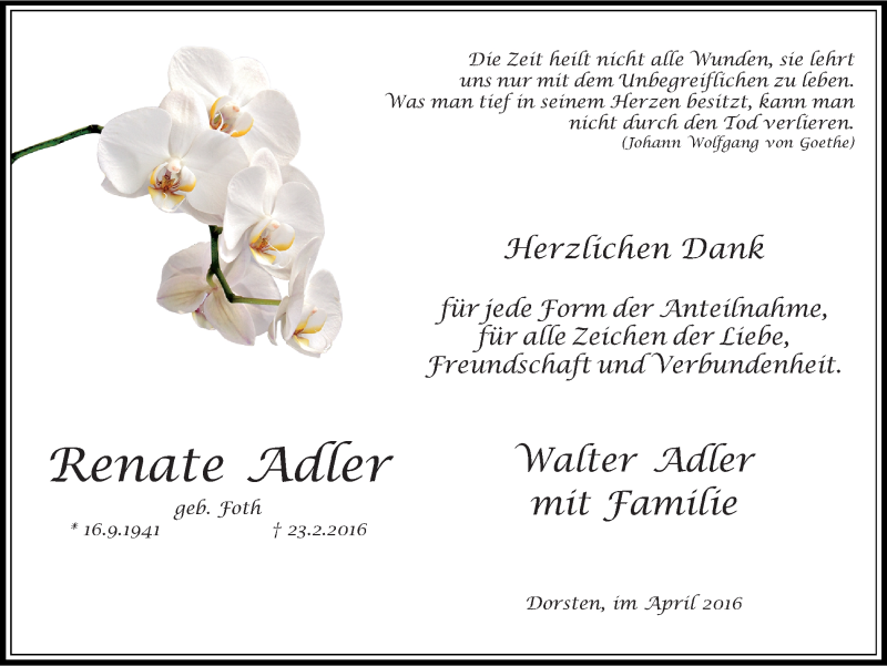  Traueranzeige für Renate Adler vom 11.04.2016 aus Ruhr Nachrichten und Dorstener Zeitung