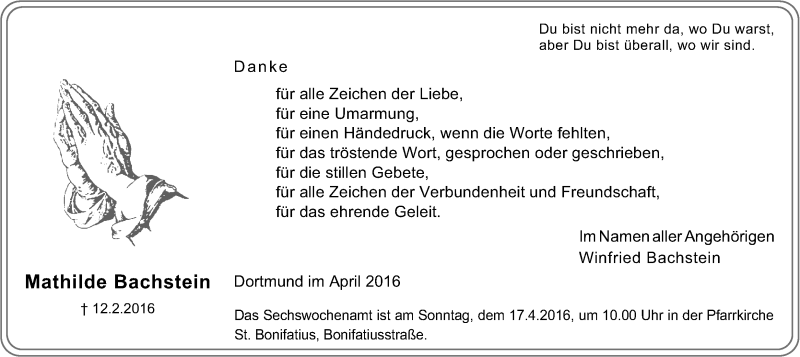  Traueranzeige für Mathilde Bachstein vom 09.04.2016 aus Ruhr Nachrichten
