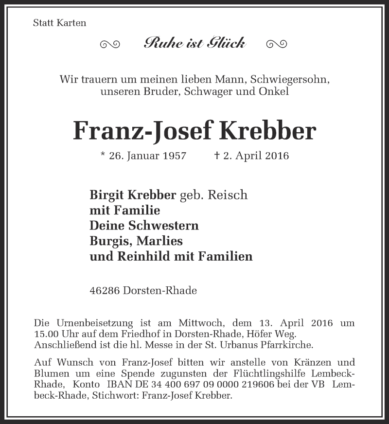  Traueranzeige für Franz-Josef Krebber vom 07.04.2016 aus Ruhr Nachrichten und Dorstener Zeitung