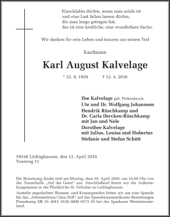 Traueranzeige von Karl August Kalvelage von Ruhr Nachrichten