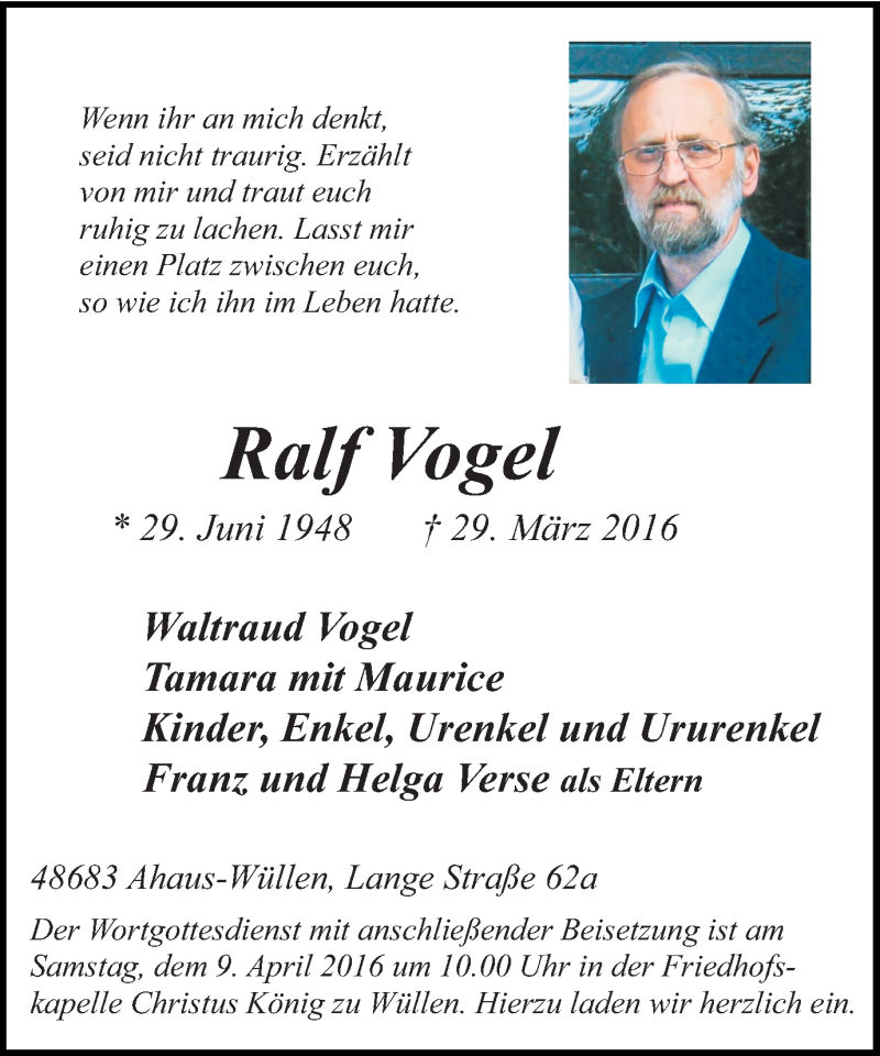  Traueranzeige für Ralf Vogel vom 05.04.2016 aus Münstersche Zeitung und Münsterland Zeitung