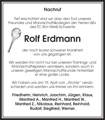 Traueranzeige von Rolf Erdmann von Ruhr Nachrichten