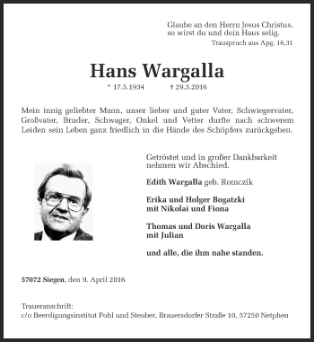 Traueranzeige von Hans Wargalla von Ruhr Nachrichten