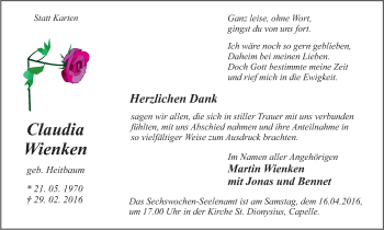 Traueranzeige von Claudia Wienken von Ruhr Nachrichten