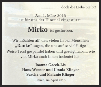 Traueranzeige von Mirko Klinger von Ruhr Nachrichten