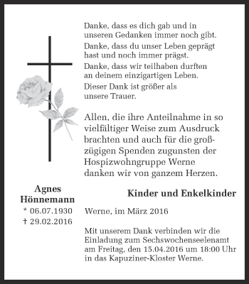 Traueranzeige von Agnes Hönnemann von Ruhr Nachrichten