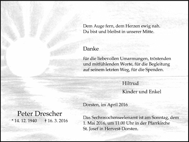  Traueranzeige für Peter Drescher vom 27.04.2016 aus Ruhr Nachrichten und Dorstener Zeitung